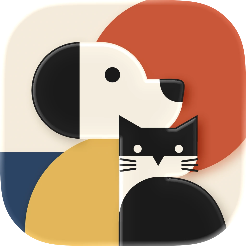Purr Track app icon — geometric dog and cat artwork in cream, red, yellow, and blue