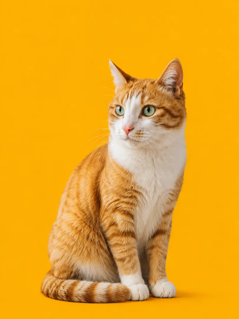 Dooyoo — an orange and white tabby cat sitting against a golden yellow background