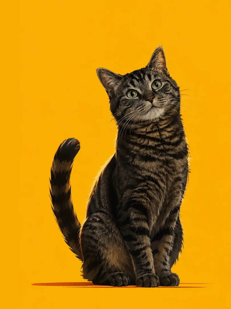 Groove — a brown tabby cat with a striped tail sitting against a golden yellow background