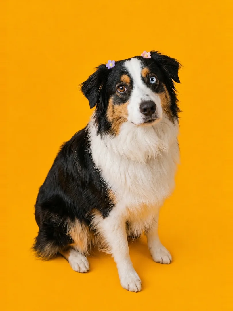 Kovu — a tricolour Australian Shepherd with flower hair clips, sitting against a golden yellow background