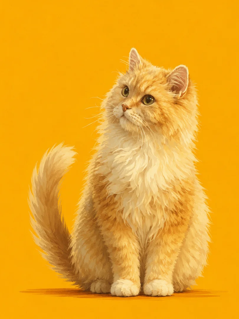 Orange — a fluffy cream long-haired cat sitting against a golden yellow background