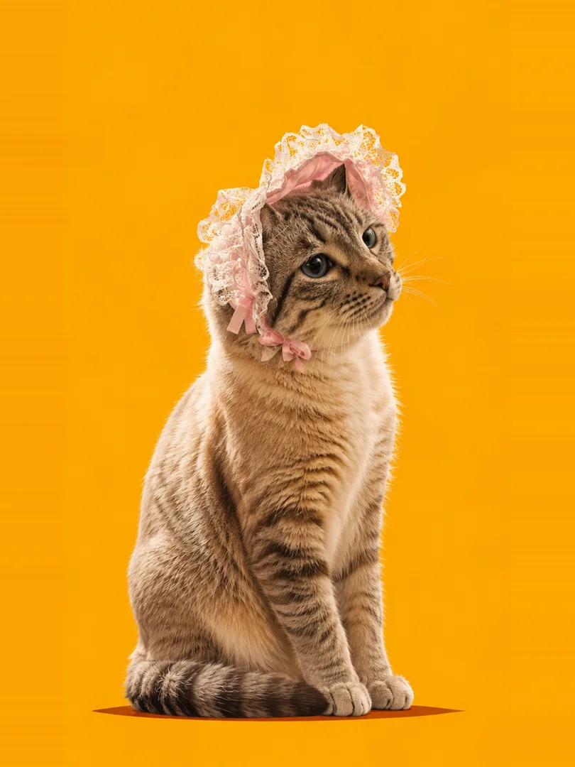 Tokki — a tabby cat wearing a lace bonnet, sitting against a golden yellow background